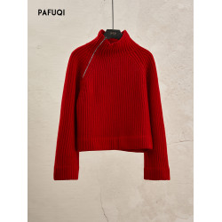 2025新款聖誕紅色毛衣女秋冬高領斜拉鍊針織寬松廓形上衣新年戰袍