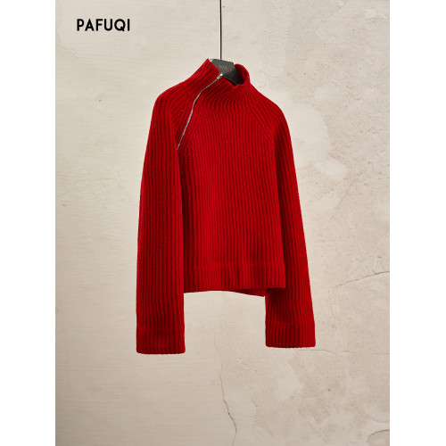 2025新款聖誕紅色毛衣女秋冬高領斜拉鍊針織寬松廓形上衣新年戰袍