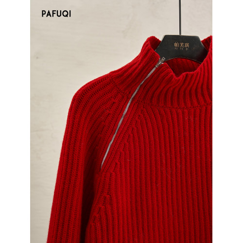 2025新款聖誕紅色毛衣女秋冬高領斜拉鍊針織寬松廓形上衣新年戰袍