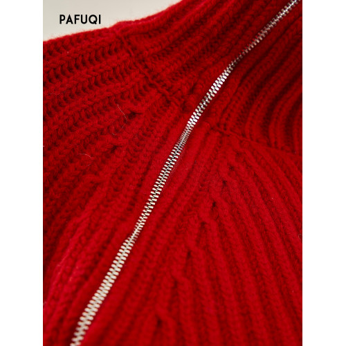 2025新款聖誕紅色毛衣女秋冬高領斜拉鍊針織寬松廓形上衣新年戰袍