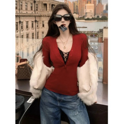 聖誕紅色V領內搭可外穿打底衫女2025秋冬季大碼修身性感辣妹上衣