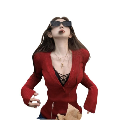 聖誕紅色V領內搭可外穿打底衫女2025秋冬季大碼修身性感辣妹上衣 聖誕紅色V領內搭可外穿打底衫女2025秋冬季大碼修身性感辣妹上衣