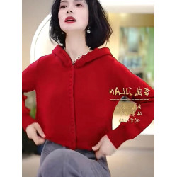 時尚單排釦連帽針織衫聖誕紅長袖氛圍感新年紅毛衣軟糯舒適打底女