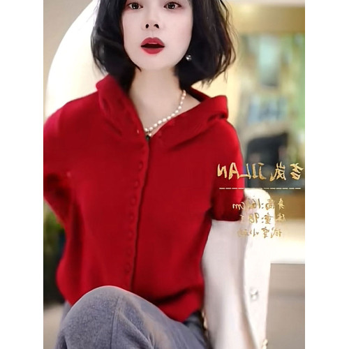 時尚單排釦連帽針織衫聖誕紅長袖氛圍感新年紅毛衣軟糯舒適打底女