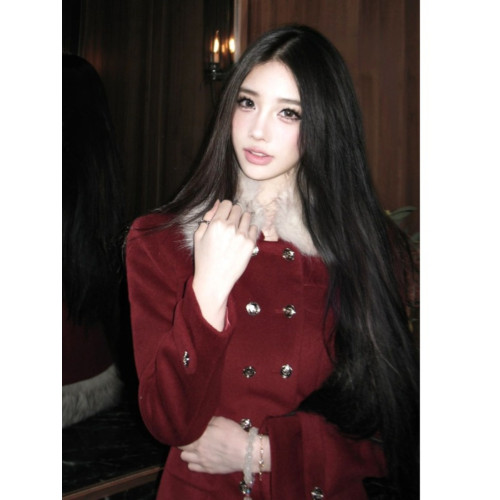 富家千金高級感初秋新款穿搭聖誕紅色毛呢外套毛毛半身裙兩件套裝