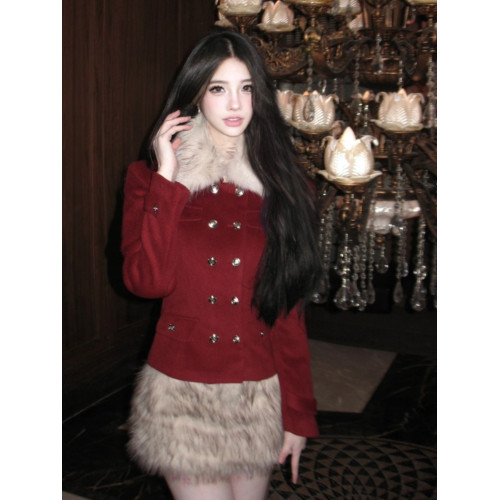 富家千金高級感初秋新款穿搭聖誕紅色毛呢外套毛毛半身裙兩件套裝