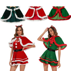 新款 歐美節女成人套裝披肩紅裙COS服聖誕綠色性感演出服