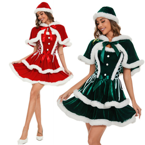 新款 歐美節女成人套裝披肩紅裙COS服聖誕綠色性感演出服 新款 歐美節女成人套裝披肩紅裙COS服聖誕綠色性感演出服