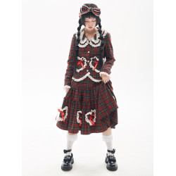 MEME原創 古早日系昭和復古聖誕紅色裙子 冬季Lolita毛呢半身裙女