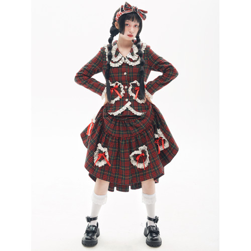 MEME原創 古早日系昭和復古聖誕紅色裙子 冬季Lolita毛呢半身裙女 MEME原創 古早日系昭和復古聖誕紅色裙子 冬季Lolita毛呢半身裙女