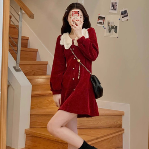 新年聖誕紅色娃娃領長袖連衣裙女裝小個子減齡打底短裙子2024新款 新年聖誕紅色娃娃領長袖連衣裙女裝小個子減齡打底短裙子2024新款