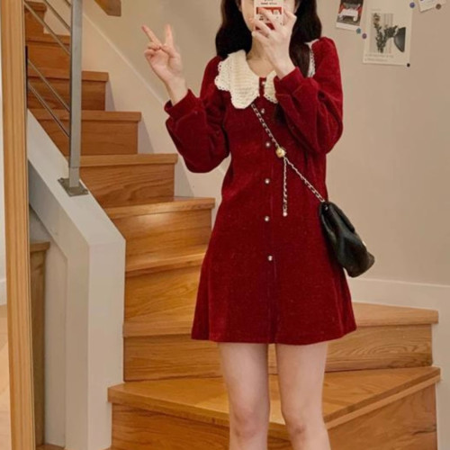 新年聖誕紅色娃娃領長袖連衣裙女裝小個子減齡打底短裙子2024新款 新年聖誕紅色娃娃領長袖連衣裙女裝小個子減齡打底短裙子2024新款