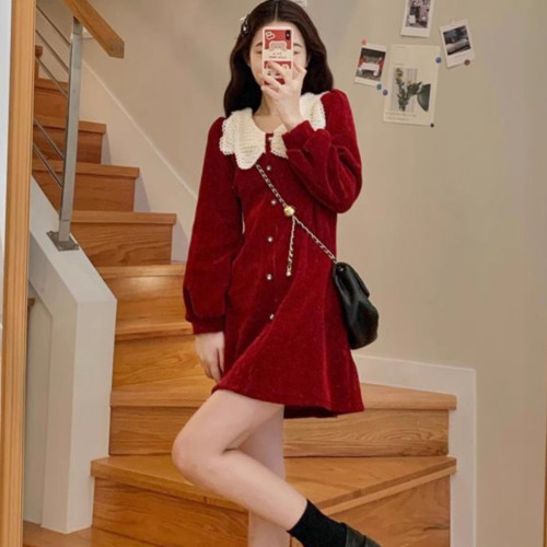 新年聖誕紅色娃娃領長袖連衣裙女裝小個子減齡打底短裙子2024新款 新年聖誕紅色娃娃領長袖連衣裙女裝小個子減齡打底短裙子2024新款