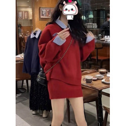女秋冬韓系聖誕紅色慵懶風休閒拼接襯衣領設計感毛衣高腰短裙套裝