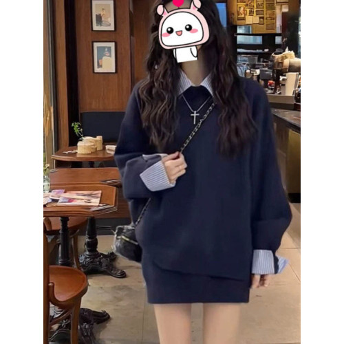 女秋冬韓系聖誕紅色慵懶風休閒拼接襯衣領設計感毛衣高腰短裙套裝 女秋冬韓系聖誕紅色慵懶風休閒拼接襯衣領設計感毛衣高腰短裙套裝