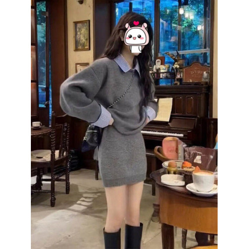 女秋冬韓系聖誕紅色慵懶風休閒拼接襯衣領設計感毛衣高腰短裙套裝 女秋冬韓系聖誕紅色慵懶風休閒拼接襯衣領設計感毛衣高腰短裙套裝