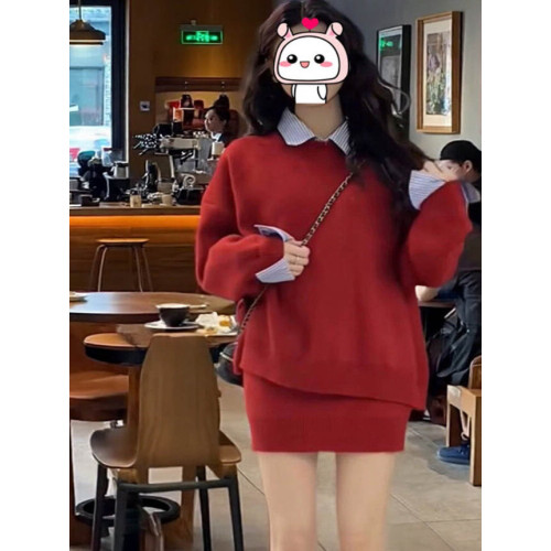 女秋冬韓系聖誕紅色慵懶風休閒拼接襯衣領設計感毛衣高腰短裙套裝 女秋冬韓系聖誕紅色慵懶風休閒拼接襯衣領設計感毛衣高腰短裙套裝