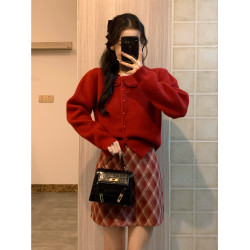 新年戰袍小香風聖誕穿搭小個子紅色毛衣格紋半身裙子生日套裝冬季