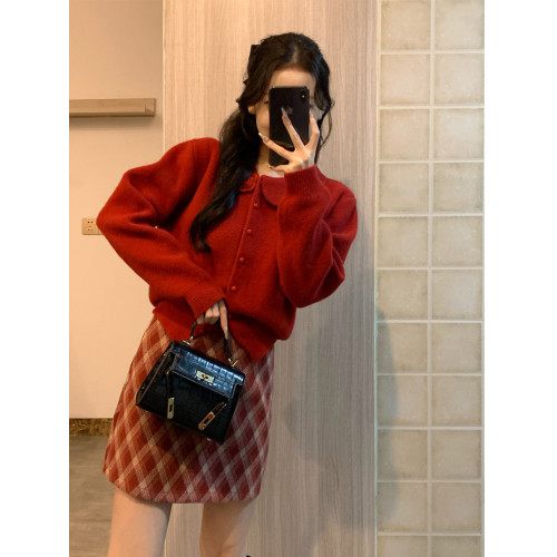 新年戰袍小香風聖誕穿搭小個子紅色毛衣格紋半身裙子生日套裝冬季 新年戰袍小香風聖誕穿搭小個子紅色毛衣格紋半身裙子生日套裝冬季