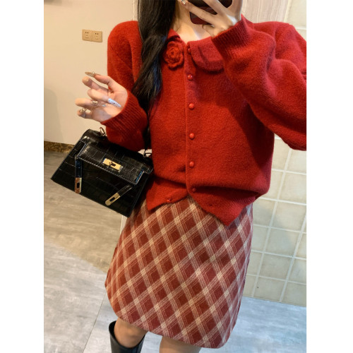 新年戰袍小香風聖誕穿搭小個子紅色毛衣格紋半身裙子生日套裝冬季 新年戰袍小香風聖誕穿搭小個子紅色毛衣格紋半身裙子生日套裝冬季
