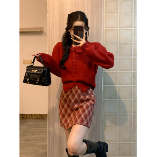 新年戰袍小香風聖誕穿搭小個子紅色毛衣格紋半身裙子生日套裝冬季 新年戰袍小香風聖誕穿搭小個子紅色毛衣格紋半身裙子生日套裝冬季