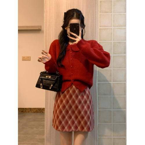新年戰袍小香風聖誕穿搭小個子紅色毛衣格紋半身裙子生日套裝冬季 新年戰袍小香風聖誕穿搭小個子紅色毛衣格紋半身裙子生日套裝冬季