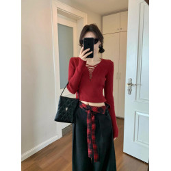 聖誕紅色修身針織衫上衣女設計感小衆辣妹內搭打底衫毛衣秋季新款