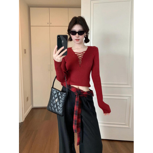 聖誕紅色修身針織衫上衣女設計感小衆辣妹內搭打底衫毛衣秋季新款