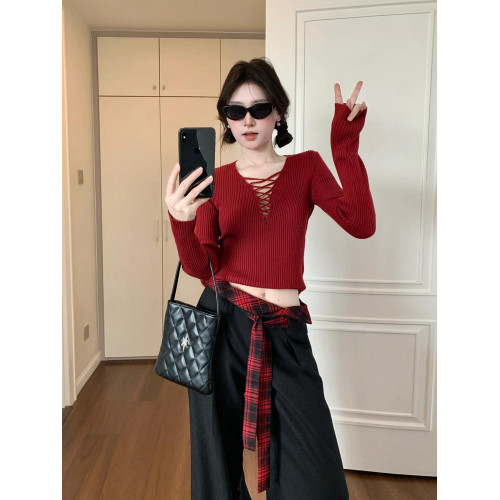 聖誕紅色修身針織衫上衣女設計感小衆辣妹內搭打底衫毛衣秋季新款