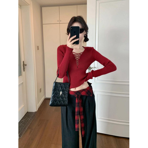 聖誕紅色修身針織衫上衣女設計感小衆辣妹內搭打底衫毛衣秋季新款