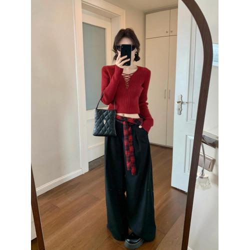 聖誕紅色修身針織衫上衣女設計感小衆辣妹內搭打底衫毛衣秋季新款