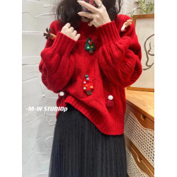 聖誕紅秋季新款歐貨小香風套頭高級感重工刺綉粉色別致節毛衣純色