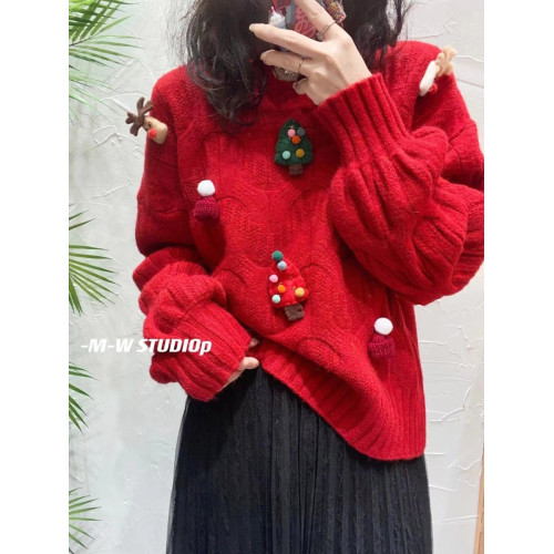 聖誕紅秋季新款歐貨小香風套頭高級感重工刺綉粉色別致節毛衣純色