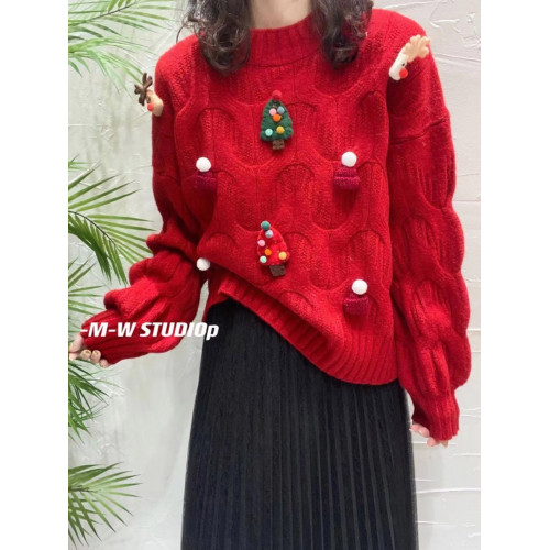 聖誕紅秋季新款歐貨小香風套頭高級感重工刺綉粉色別致節毛衣純色