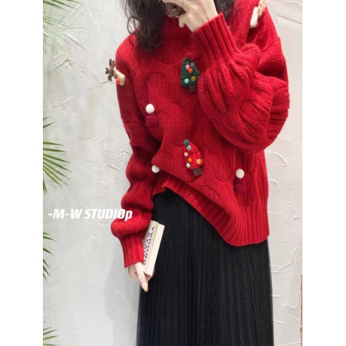 聖誕紅秋季新款歐貨小香風套頭高級感重工刺綉粉色別致節毛衣純色