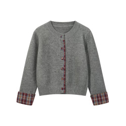 韓系圓領格子拼接假兩件針織衫毛衣女外套秋冬聖誕紅寬松休閒開衫