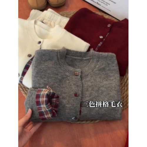 韓系圓領格子拼接假兩件針織衫毛衣女外套秋冬聖誕紅寬松休閒開衫