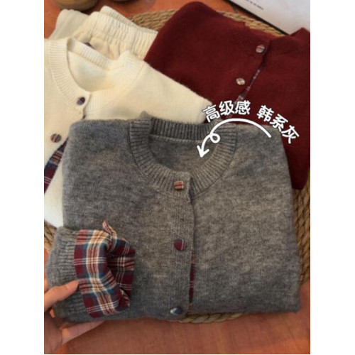 韓系圓領格子拼接假兩件針織衫毛衣女外套秋冬聖誕紅寬松休閒開衫