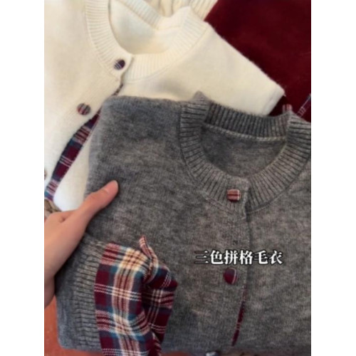 韓系圓領格子拼接假兩件針織衫毛衣女外套秋冬聖誕紅寬松休閒開衫