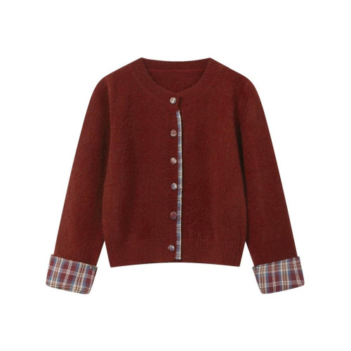 韓系圓領格子拼接假兩件針織衫毛衣女外套秋冬聖誕紅寬松休閒開衫