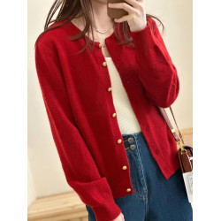 浣熊絨聖誕紅色毛衣開衫外套女秋冬2024新款復古軟糯慵嬾針織上衣