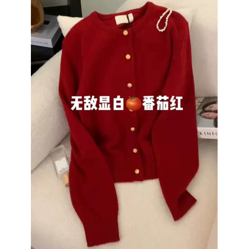 浣熊絨聖誕紅色毛衣開衫外套女秋冬2024新款復古軟糯慵嬾針織上衣