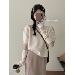 聖誕紅色袖套毛衣女秋冬高級感截斷泡泡袖針織衫茶裡茶氣新年上衣