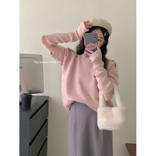 聖誕紅色袖套毛衣女秋冬高級感截斷泡泡袖針織衫茶裡茶氣新年上衣