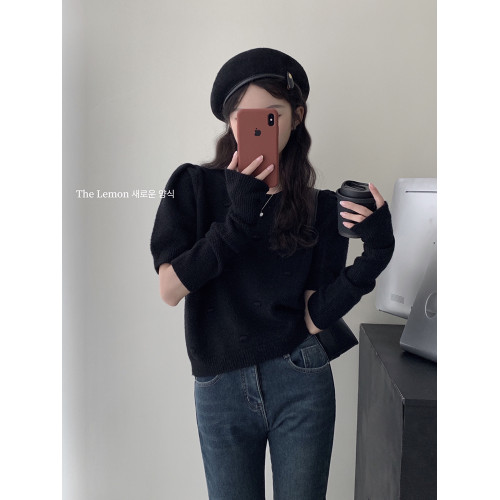 聖誕紅色袖套毛衣女秋冬高級感截斷泡泡袖針織衫茶裡茶氣新年上衣