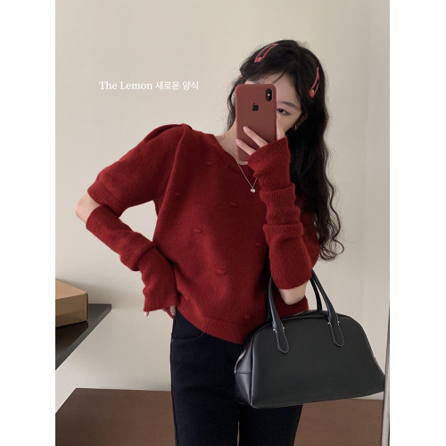 聖誕紅色袖套毛衣女秋冬高級感截斷泡泡袖針織衫茶裡茶氣新年上衣