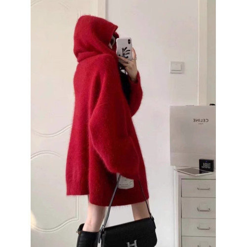 秋冬高級感軟糯系聖誕紅色連帽毛衣女寬松外穿法式別致加厚針織衫 秋冬高級感軟糯系聖誕紅色連帽毛衣女寬松外穿法式別致加厚針織衫