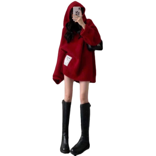 秋冬高級感軟糯系聖誕紅色連帽毛衣女寬松外穿法式別致加厚針織衫 秋冬高級感軟糯系聖誕紅色連帽毛衣女寬松外穿法式別致加厚針織衫