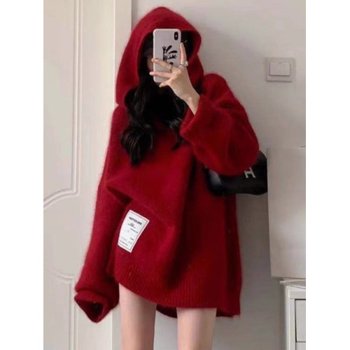 秋冬高級感軟糯系聖誕紅色連帽毛衣女寬松外穿法式別致加厚針織衫 秋冬高級感軟糯系聖誕紅色連帽毛衣女寬松外穿法式別致加厚針織衫