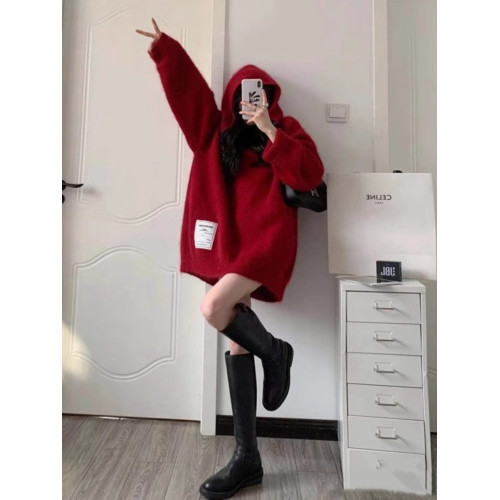 秋冬高級感軟糯系聖誕紅色連帽毛衣女寬松外穿法式別致加厚針織衫 秋冬高級感軟糯系聖誕紅色連帽毛衣女寬松外穿法式別致加厚針織衫